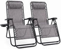 Sweetcrispy Zero Gravity Chairs, Set of 2 Portable Recliner Beach Camping Patio Outdoor Folding Lounge Chair with Cup Holder Trays and Adjustable Pillow for Poolside, Garden, Backyard, Lawn, Grey