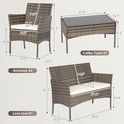 FDW 4-Piece Patio Furniture Set | Gray & Khakhi | Outdoor Wicker Furniture
