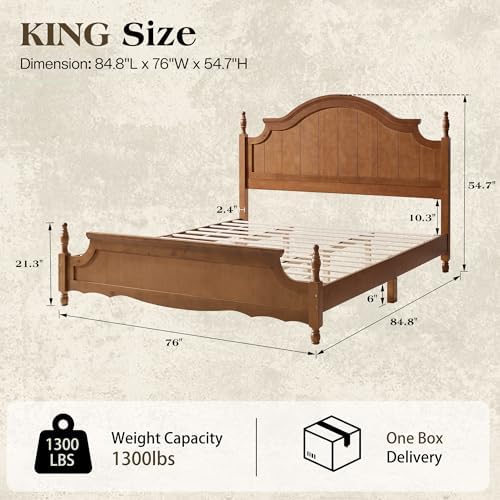 LUXOAK King Size Solid Wood Poster Bed, 55" Arched Headboard, Caramel