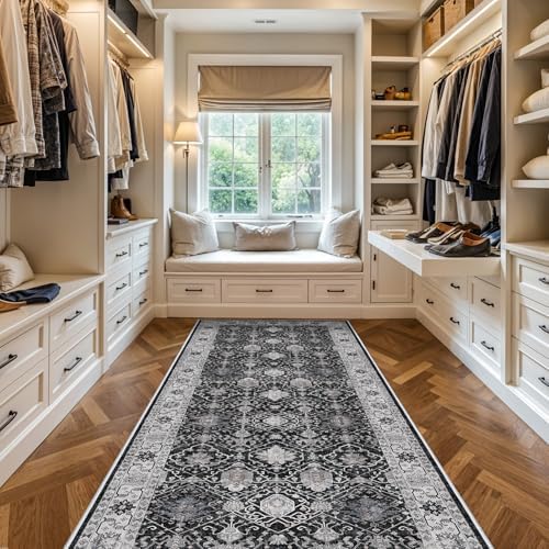 4x10 Washable Hallway Runner Rug: Oriental 10ft Extra Wide Ultra Soft Runners for Living Room Bedroom Stain Resistant Low Pile Carpet for Entryway Ktichen Thin Non Slip Bathroom Floor Mat(Black,4x10)