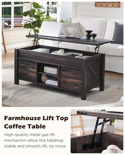OKD 48" Farmhouse Lift Top Coffee Table, Sliding Barn Door, Dark Rustic Oak