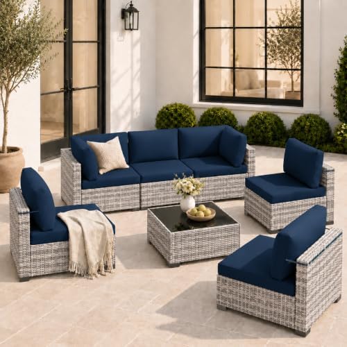 LOUVIXA 7 Piece Outdoor Patio Furniture Set, Outdoor Sectional Sofa, Wicker Rattan Patio Furniture, Patio Conversation Set with Coffee Table & Cushions