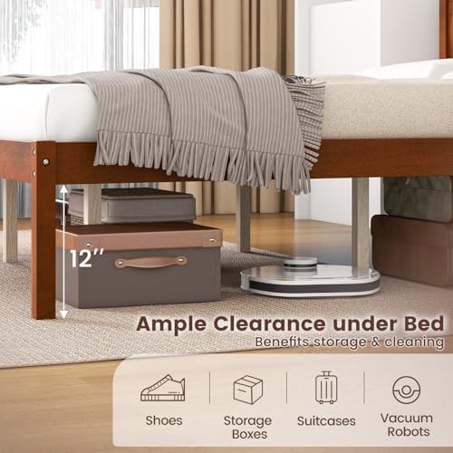 GIANTEX Queen Wood Platform Bed Frame with Headboard, Mid Century Queen Bed Frame with Wood Slat Support, Solid Wood Foundation with 16" Under Bed Storage, No Box Spring Needed, Easy Assembly