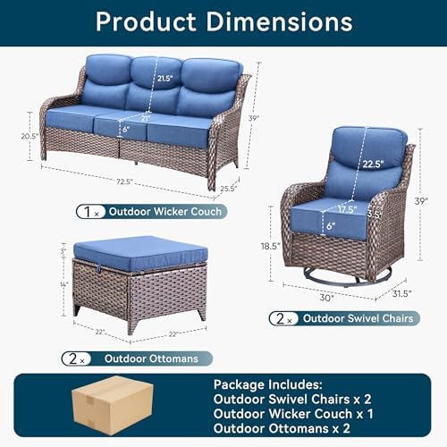 Luxury 5 Piece Patio Furniture Set-All Weather Outdoor Swivel Rocker Chairs with 6" Thick Cushions Multifunctional Ottoman Rattan Patio Conversation Sets for Porch Deck Garden Backyard(Brown/Blue)