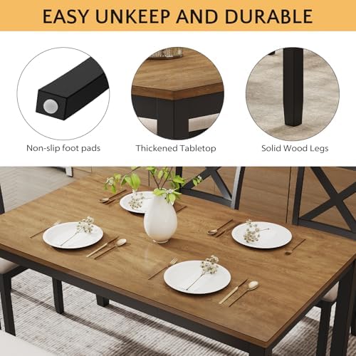 Zevemomo 6-Piece Solid Wood Dining Table Set, Farmhouse Wooden Legs, Black