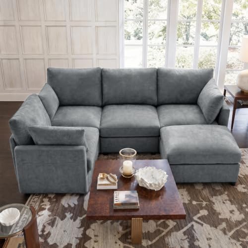 Iroomy Modular Sectional Loveseat Couch for Living Room, Modern Chenille Sofa with Ottoman, 5 Seat, Grey