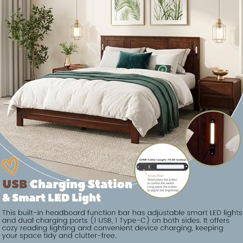Queen Bed Frame with Tall Headboard & Footboard, Farmhouse Solid Wood Platform Bed Frames Queen Size with LED Lights & USB Charging Station,No Box Spring Needed, Walnut