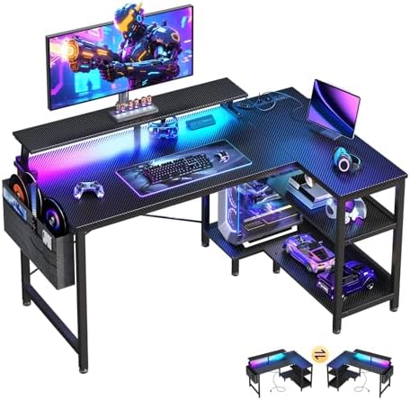 ODK 40 Inch L Shaped Gaming Desk with LED Lights, Power Outlets, Black