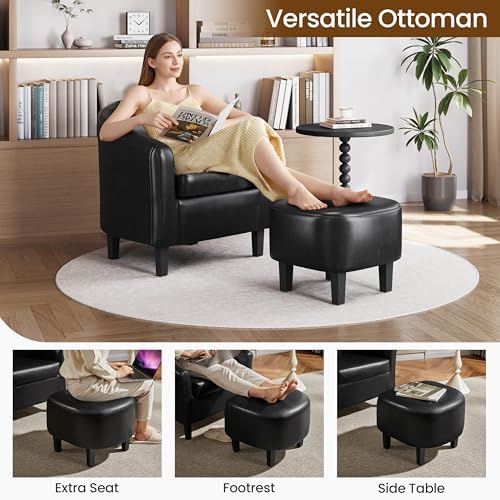 Yaheetech Accent Chairs with Ottoman, Faux Leather Barrel Chairs, Black