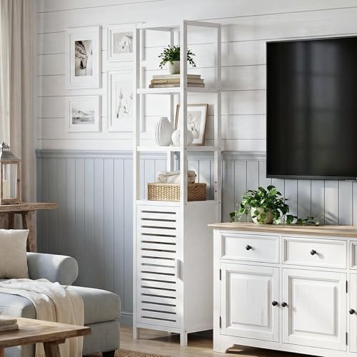 HITNET Bathroom Tall Cabinet, Floor Standing Bamboo Storage Cabinet with 6 Shelves and Shutter Door for Kitchen Living Room, White