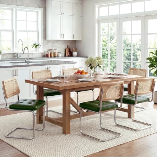 Zesthouse Natural Rattan Dining Chairs Set of 6, Mid Century Modern Dining Room Chairs with Chrome Leg, Faux Leather Kitchen Chair with Solid Wood Back & Cane Mesh, Breuer Cesca Design Inspired, Green