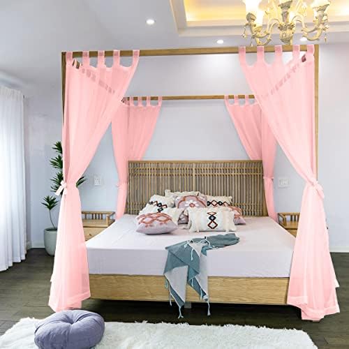 Linentalks Sheer Canopy Bed Curtains for King, Queen, Full and Twin Bed, 4 Corner Bed Canopies & Drapes, Four Poster Bed Canopy Curtains Beds, Sheer Curtains for Canopy Bed Drapes, Pink