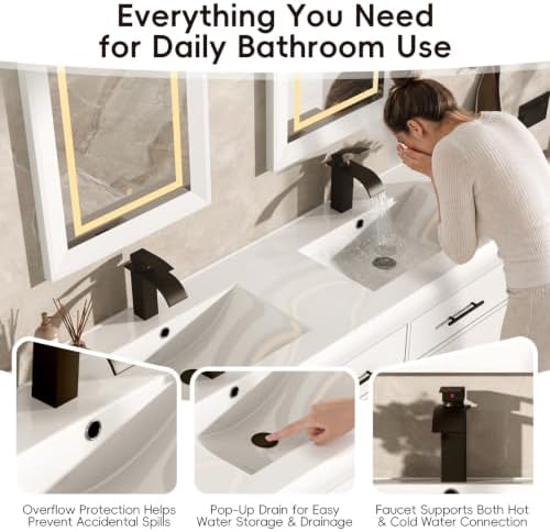 St.Mandyu 60" Bathroom Vanity w/Sink & LED Mirror & Faucet,Modern Bathroom Vanities Set w/ 3-Color Lighting, Curved Splash-Reducing Basin, Bath Vanity w/Large Storage Cabinet&Drawers,White