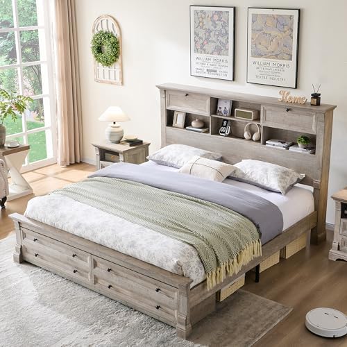 Queen Size Bed Frame 2 Drawer & 4 Storage Rack Headboard Charging Station
