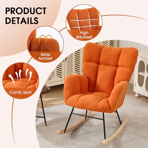 Nursery Rocking Chair, Teddy Upholstered Glider Chair with Thick Cushion, Tufted Gliding Rocker Chair with Wood Leg, Cozy Rocking Armchair, Accent Rocking Chair for Living Room (Orange)