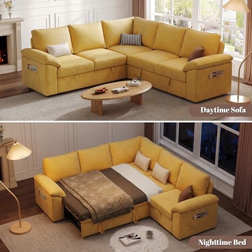 85'' Modular Sectional Sofa with Pull Out Bed, Sleeper Sofa, Yellow