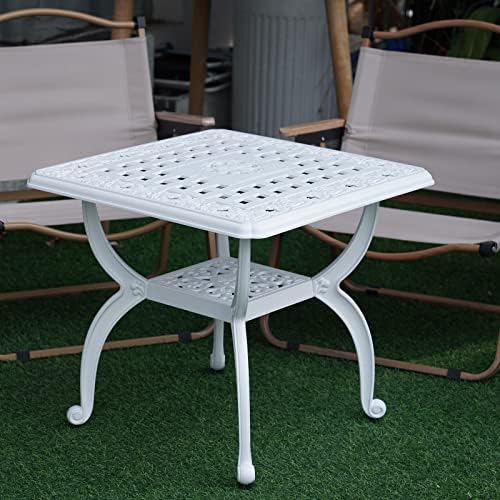 YKSY&YKSY Jardin DE Centennial Cast Aluminum Outdoor Side Table,Anti-Rust Outdoor End Table,Patio Coffee Bistro Table for Indoor,Garden,Porch,Balcony(Square White) 1