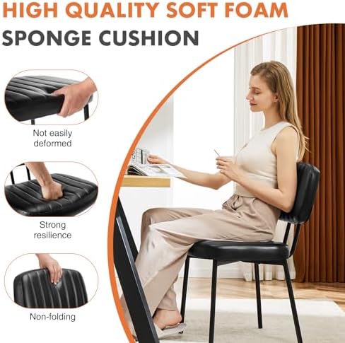 Sweetcrispy Dining Chairs Set of 6, Upholstered Mid Century Modern Kitchen Accent Chairs with Faux Leather Cushion Seat & Metal Legs for Home Office, Living Room - Black