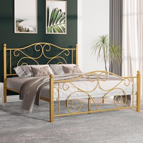 VECELO Full Size Bed Frame with Headboard and Footboard, Heavy Duty Metal Slat Support, Platform Mattress Foundation, No Box Spring Needed, Easy Assembly, Gold