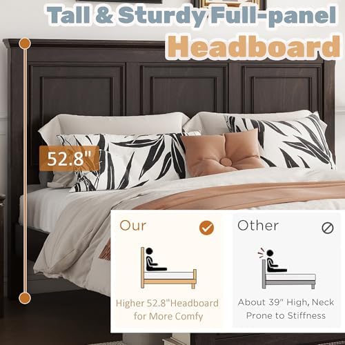 Wood Bed Frame King with Tall Headboard & Footboard, Traditional King Panel Bed with USB Charging Station for Bedroom, Guest Room, Easy Assembly, No Box Spring Required,Brown