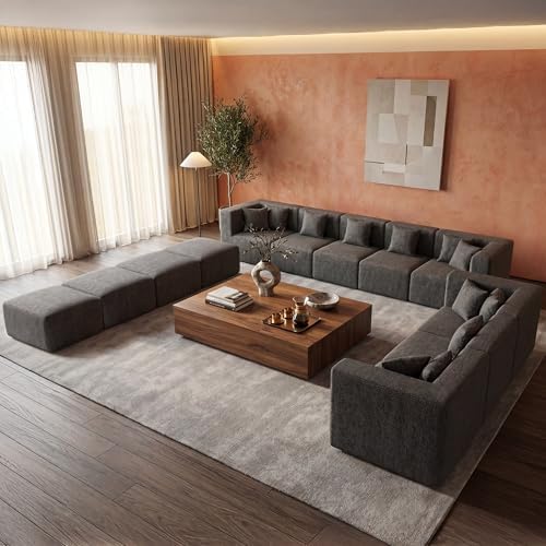 MONVANE Modular Sectional Sofa, Oversized 12 Seat Convertible U Shaped Couch with Ottoman, Comfy Chenille Cloud Couch with Deep Seat, Sectional Couches for Living Room, No Assembly Required, Grey