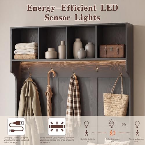 5-in-1 Hall Tree with Bench and Shoe Storage with LED Sensor Light, Black丨Entryway Coat Rack with Hooks and Storage Cubes, Shoe Cabinet with Fluted Door, Modern Hall Tree for Entryway, Living Room