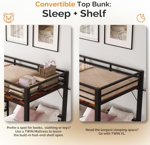 Bonnlo Metal Triple Bunk Bed with Stairs, Twin Over Twin Over Twin Bunk Beds for Kids,Teens and Adults, 3 People Bed, No Box Spring Needed,Black