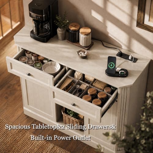 White Coffee Bar with 2 Drawers & 2 Doors, LED Wine Bar Cabinet with Wine Glasses, Coffee Station with Built-in Outlets, Buffet Cabinet Sideboard with Extra Storage for Living Room Kitchen Entryway