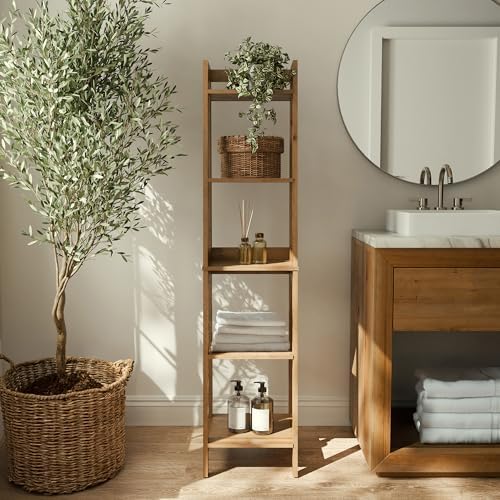 Zenna Home Bamboo Linen Tower with 5 Shelves, A-Frame Shelving Unit for Bathroom, Laundry and Other Household Storage, Natural Finish