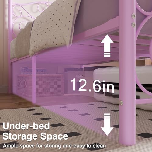 VECELO Metal Canopy Bed Frame Twin Size, 4 Posters Platform Mattress Foundation with Headboard, Heavy Duty Steel Slats Support, No Box Spring Needed, Purple