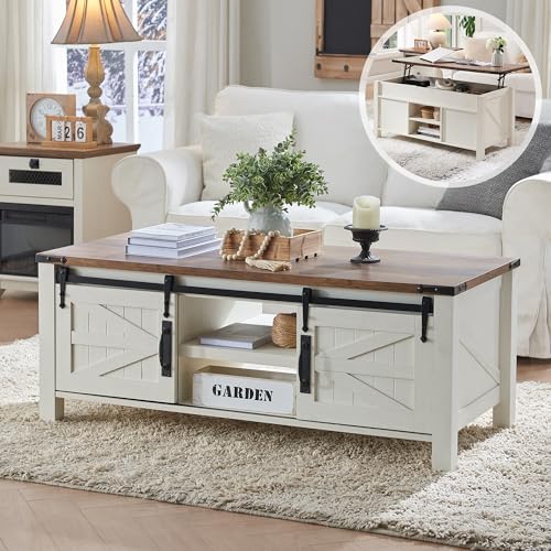 OKD 48" Farmhouse Lift Top Coffee Table, Sliding Barn Door, Antique White