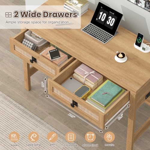 YOMILUVE Rattan Computer Desk with 2 Drawers, 39 Inch Small Desk with Power Outlets, Farmhouse Boho Vanity Desks, Compact Writing Study Table for Small Spaces, Oak