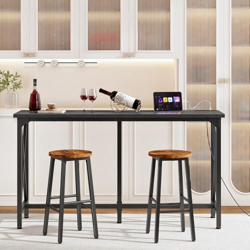 CHOEZON 55'' Bar Table, Kitchen Dining Table with Power Outlet and Footrest, Industrial Style, for Pub, Living Room, Rustic Brown and Black TBT09UBB