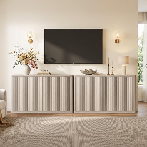 SICOTAS Buffet Cabinet with Storage Accent Sideboard with 8 Doors 132.6" Fluted Credenza Modern Buffet Table Media Console Cabinet Entryway Cabinets for Living Room Kitchen Dining Room Hallway