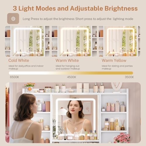 FIONESO Vanity Desk with Mirror, LED Lights and Power Outlet Makeup Vanity Table with 9 Drawers and 7 Storage Shelves Dressing Table for Bedroom Dressing Room (White)