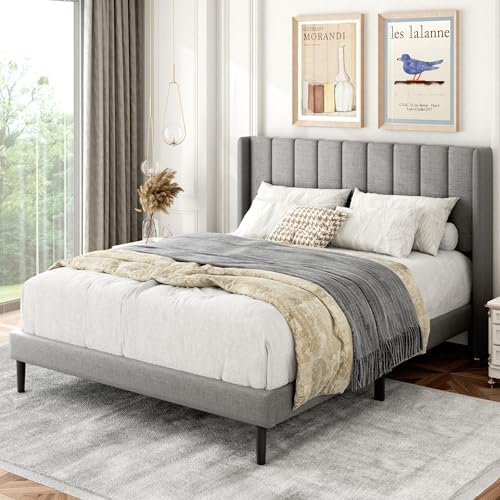 Gruwans Full Size Bed Frame with Upholstered Wingback Headboard, Easy Assemnly Platform Bed, Wooden Slat Support No Box Spring Needed, Light Gray
