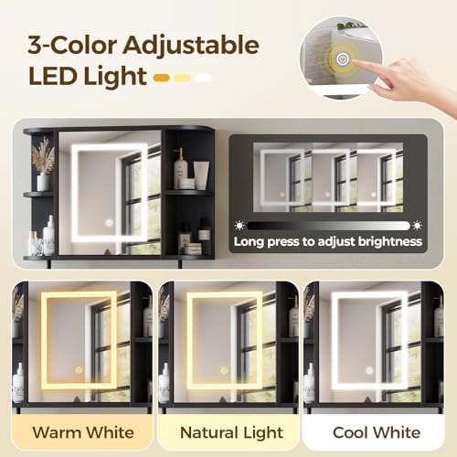 MAHANCRIS Bathroom Wall Cabinet with Mirror, Mirrored Medicine Cabinet with LED Light and Open Shelves, Wall Mounted Over Toilet Storage Cabinets with Adjustable Shelf, 21.7"L x 6.7"W x 18.1"H, Black