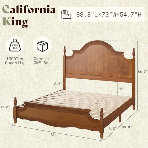 AMERLIFE California King Solid Wood Poster Bed with Arched Headboard, Brown