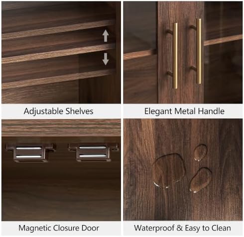 FORTUNETEC 64" Sideboard Buffet Cabinet with Arched Glass Doors,Dark Walnut
