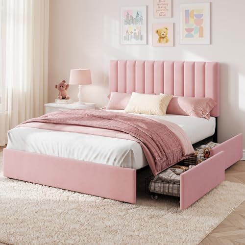 Welzona Queen Upholstered Bed Frame with Headboard & 4 Storage Drawer, Pink