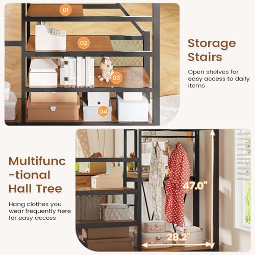 Itaar Full Size Loft Bed with Desk and Storage Stairs, Metal Loft Bed with 6 Storage Drawers, Hall Tree, LED Lights and Power Outlet, for Kids, Teens, Adults, (Rustic Brown, Full)