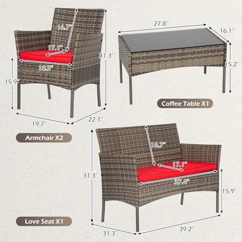 FDW 4-Piece Patio Furniture Set | Gray & Red |Outdoor Wicker Furniture