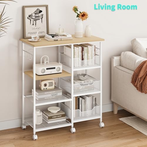 HapiRm Rolling Kitchen Carts with Storage - Microwave Table Stand with 6 Hooks & 3 Baskets, kitchen Island Cart on Lockable Wheels, 28.3" L × 14.6" W Bakers Rack Cart for Dining Room Coffee Bar Office