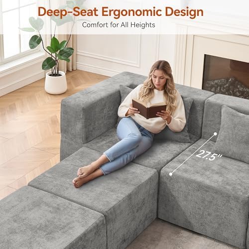 MONVANE Modular Sectional Cloud Couch for Living Room - 130'' 6 Seater Convertible Chenille Couches Set with Ottoman, No Assembly Compression Sofas, Comfy Floor Sofa with Memory Foam, Light Grey