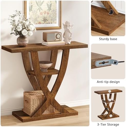 FAVOOSTY Entryway Table, 3 Tier Hallway Table, Console Tables for Living Room, Narrow Entrance Table with Storage, Sofa Table Behind Counch, Accent Table for Entry Foyer, Rustic Brown
