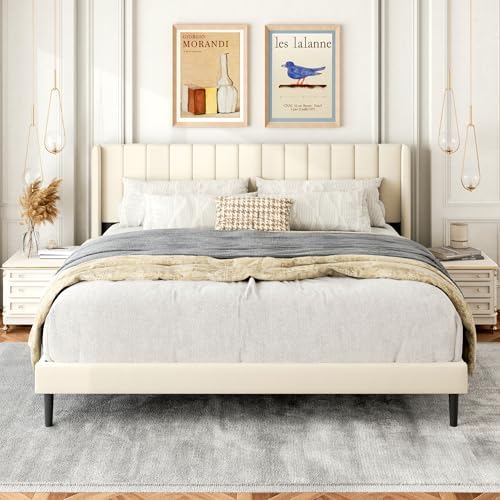 Gruwans King Size Bed Frame with Wingback Headboard, Upholstered Platform Bed, No Box Spring Needed, Sturdy Wooden Slat Support, Easy Assembly, Cream