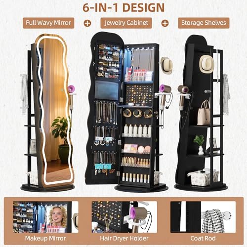 Vlsrka LED Mirror Jewelry Cabinet Standing, 360° Swivel, Black | Lockable Jewelry Armoire with Mirror, Interior LED Makeup Mirror, Foldable Shelf, Large Capacity, Gift for Women, Girls