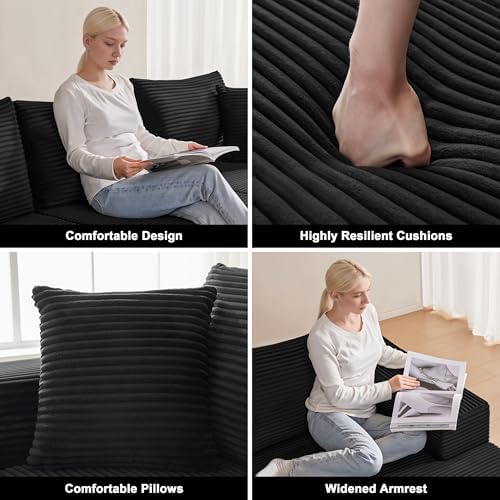Mangodan 110” Cloud Sectional Couch, Boneless Sofa for Living Room, Modular Sectional Sofa with Deep Seat, Comfy Fluffy U-Shaped Couch with Right-Facing Chaise, No Assembly Required, Black