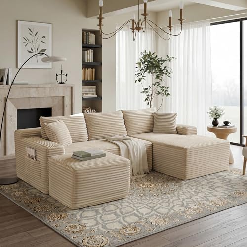 95-Inch U-Shaped Right Facing Corner Compressed Sofa Modular Sectional Boneless Cloud Sofa Floor Foam Couch W/Chaise Lounge & Ottoman, Corduroy Corner Boneless Cloud Couch