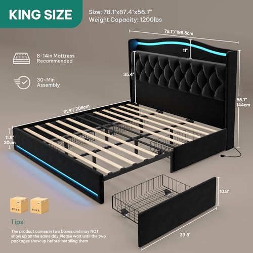 DWVO King Size Bed Frame with 4 Storage Drawers and RGB LED Lights